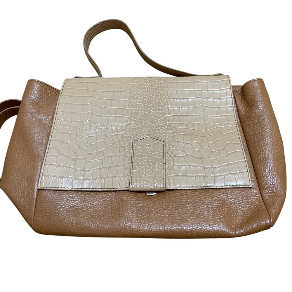 Iacucci Two Tone Beige Brown Leather Satchel Top Handle Crossbody Shoulder Bag